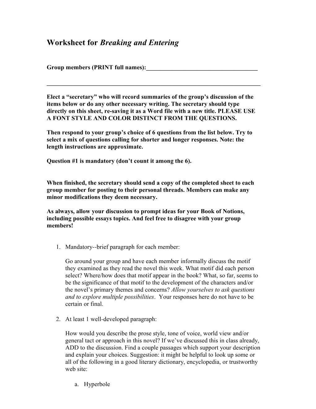 Worksheet for Breaking and Entering