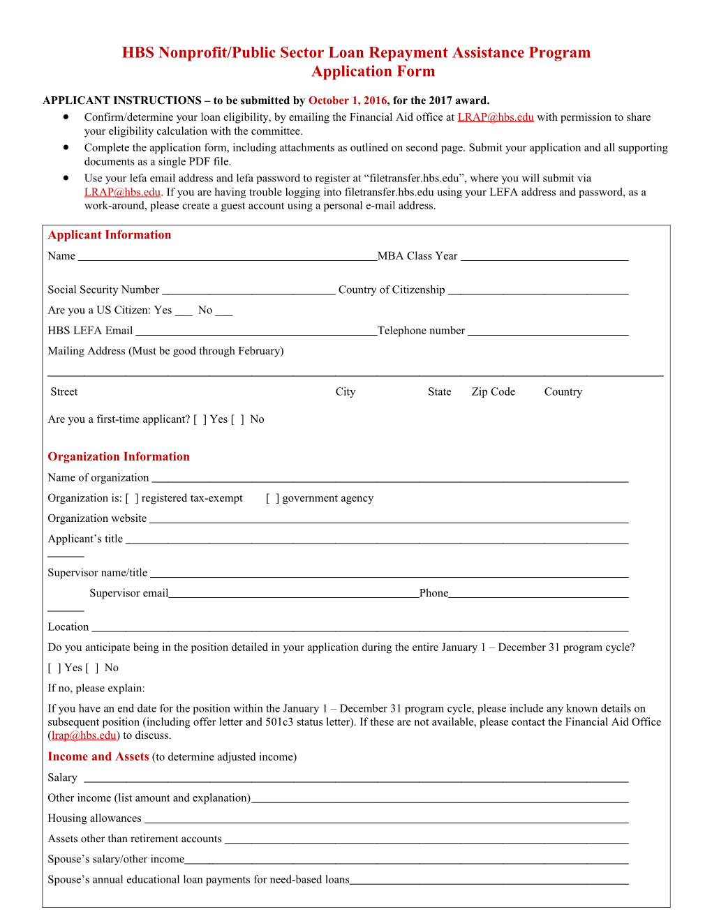 HBS Nonprofit/Public Sector Loan Repayment Assistance Programapplication Form