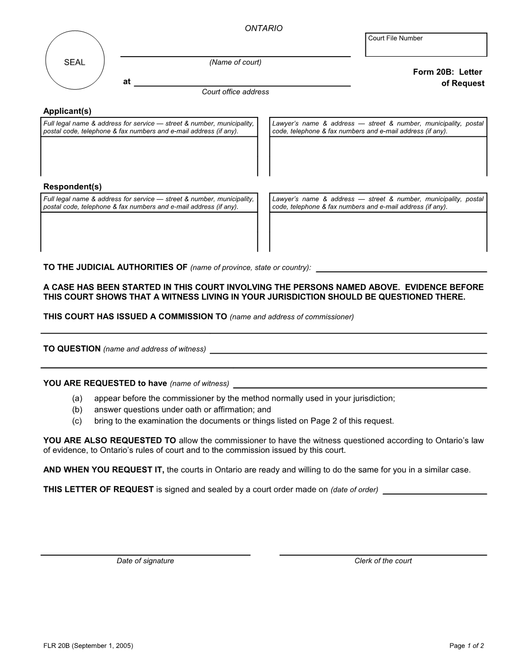 Form 20B Letter of Request