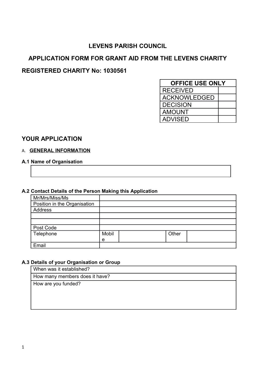 Application Form for Grant Aid from the Levens Charity