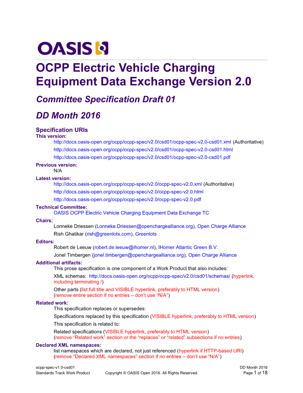 OCPP Electric Vehicle Charging Equipment Data Exchange Version 2.0