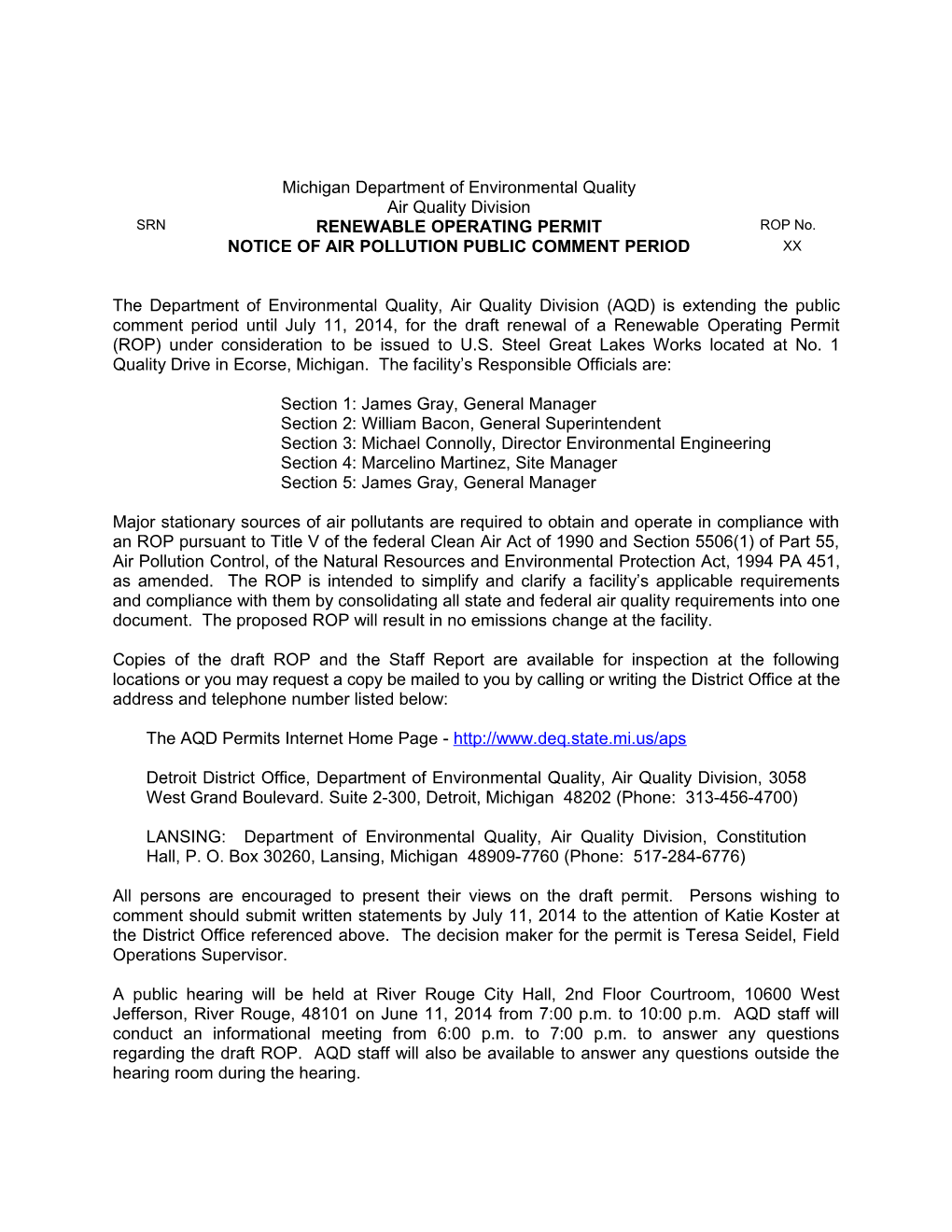 Notice of Air Pollution Public Comment Period for Ro Permit (Unlikely That Public Hearing