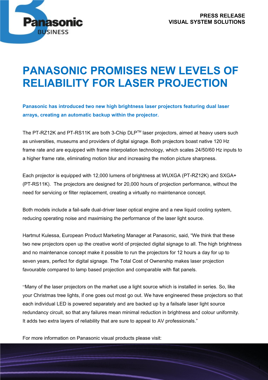 Panasonic Promises New Levels of Reliability for Laser Projection