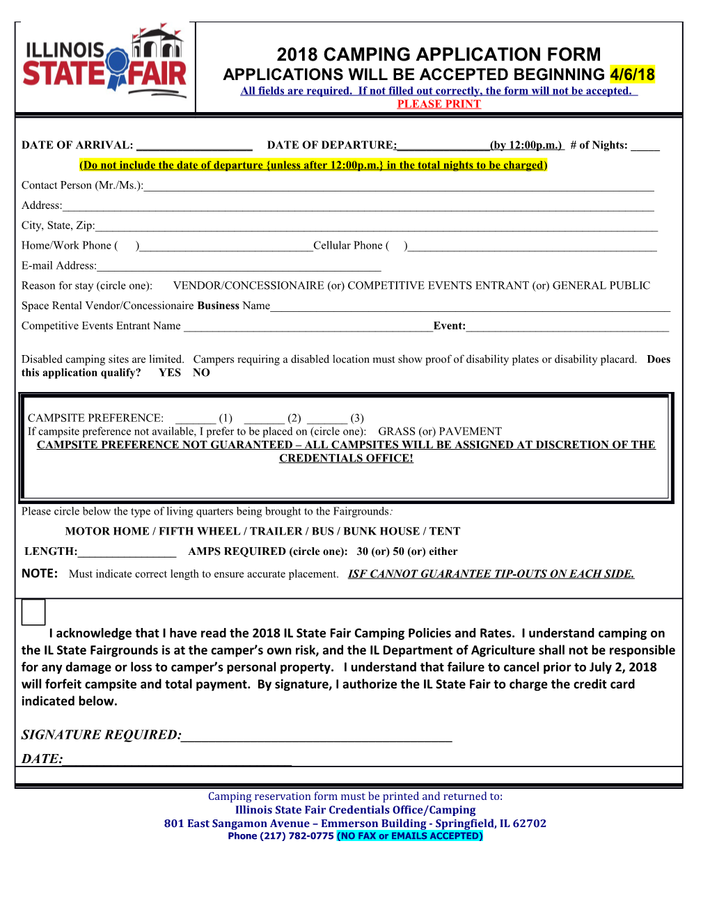 Camping Reservation Form Must Be Printed and Returned To