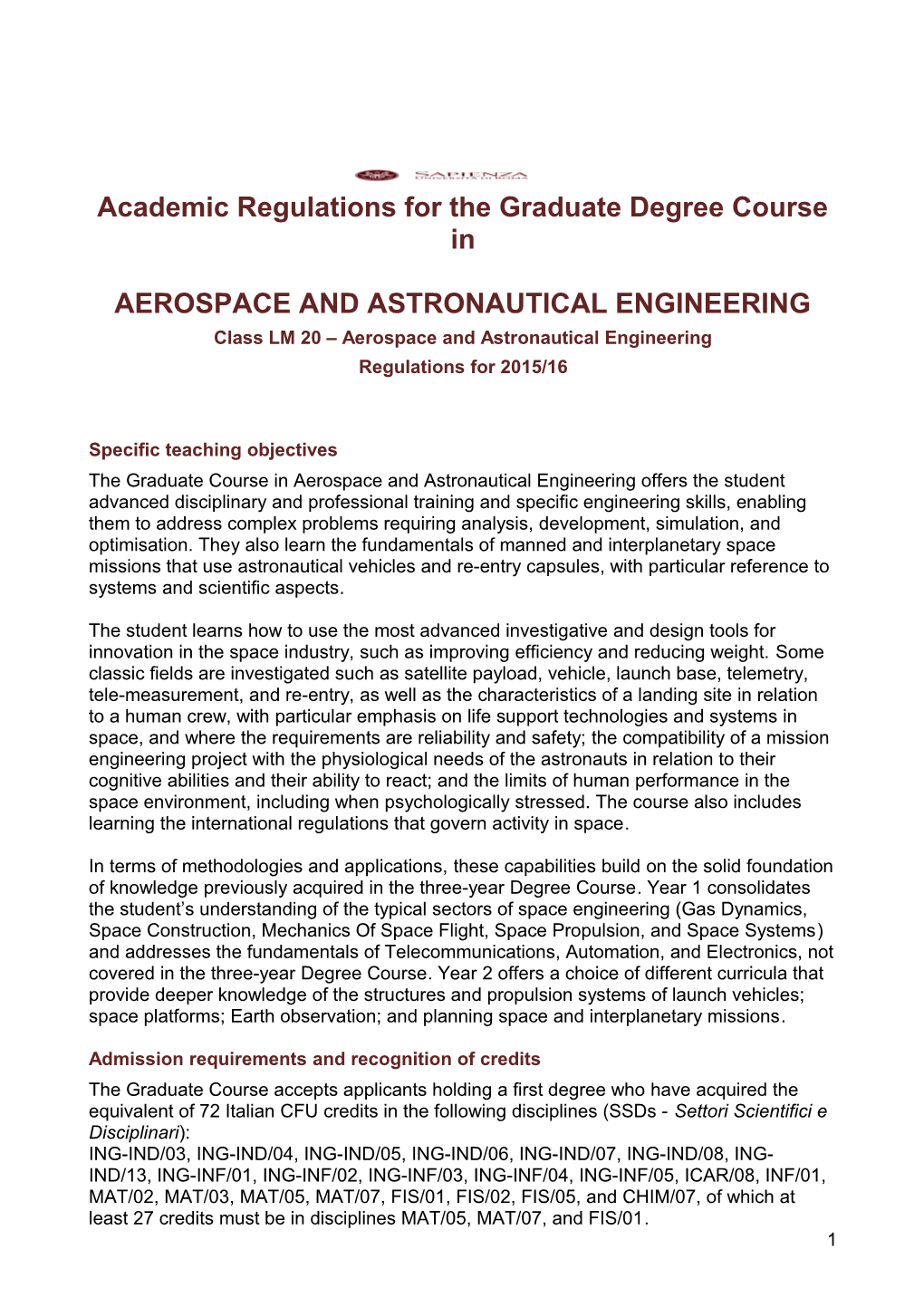 Academic Regulations for the Graduate Degree Course In