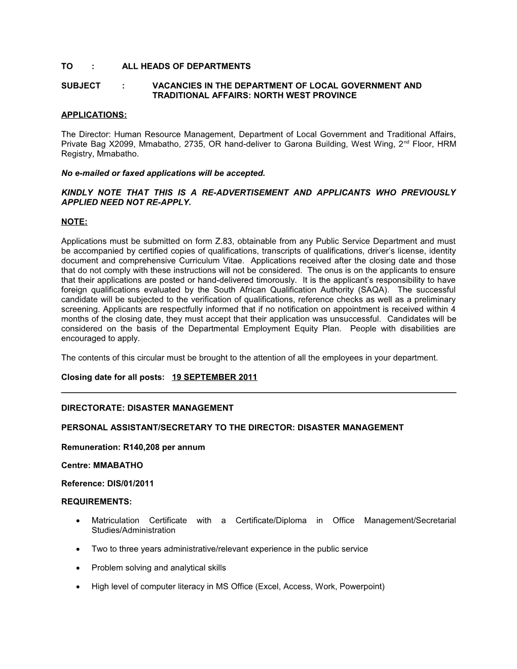 Subject : Vacancies in the Department of Local Government And