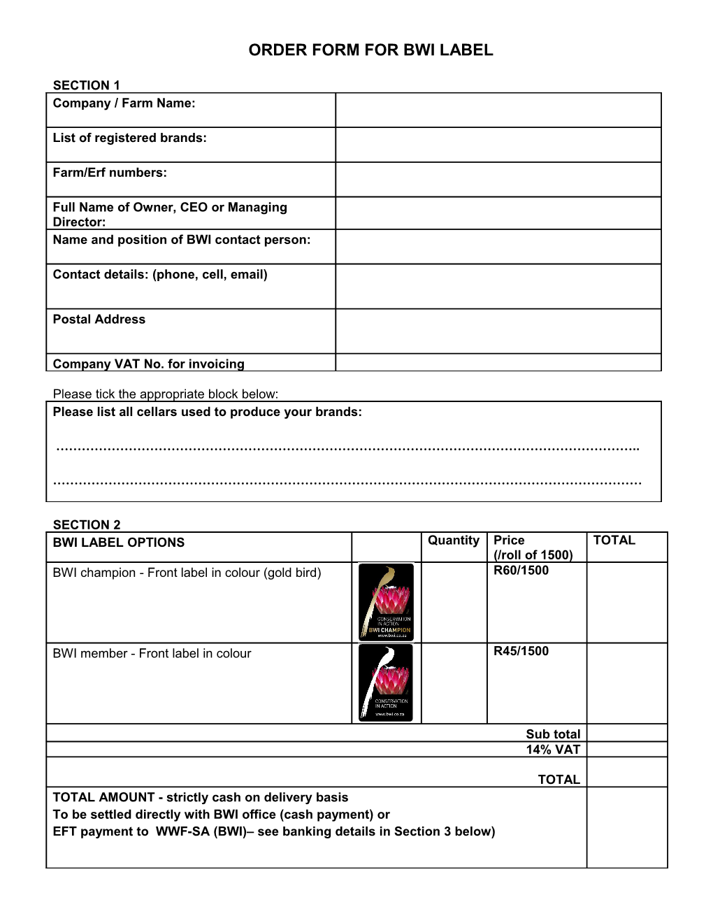 Order Form for Bwi Label
