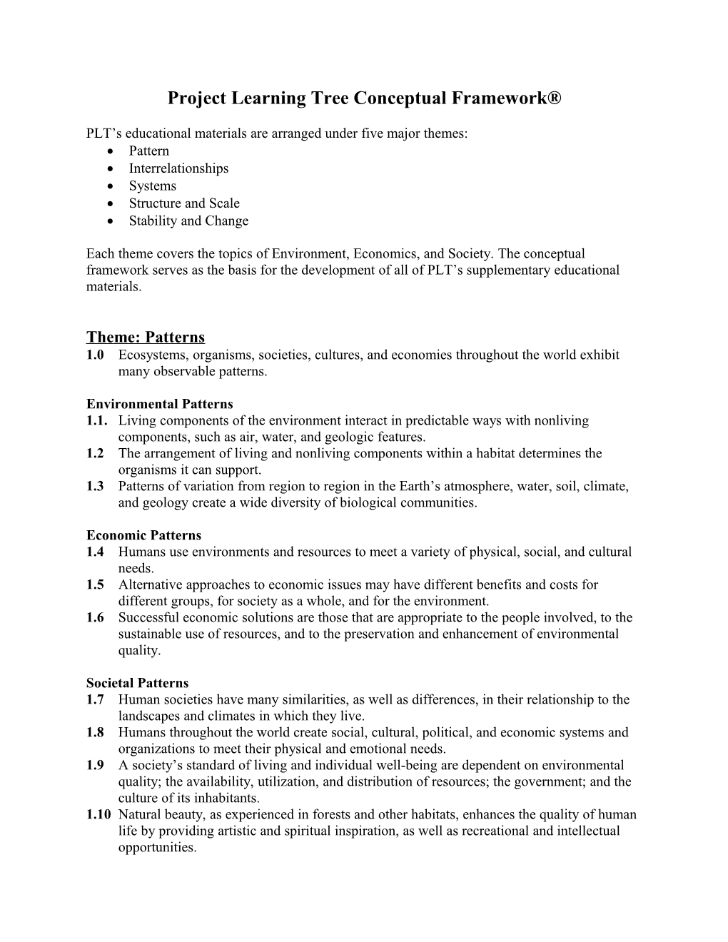 Project Learning Tree Conceptual Framework