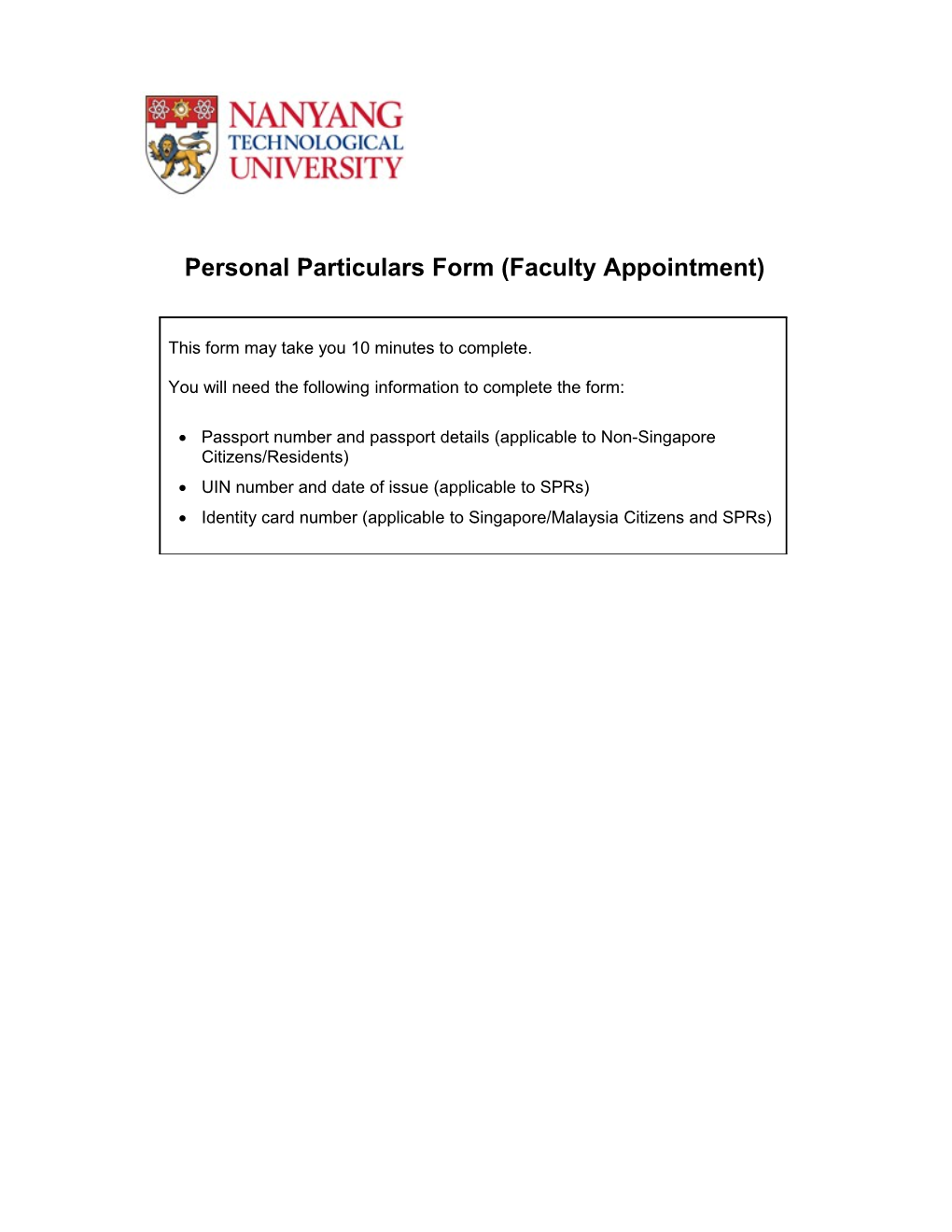 Personal Particulars Form (Faculty Appointment)