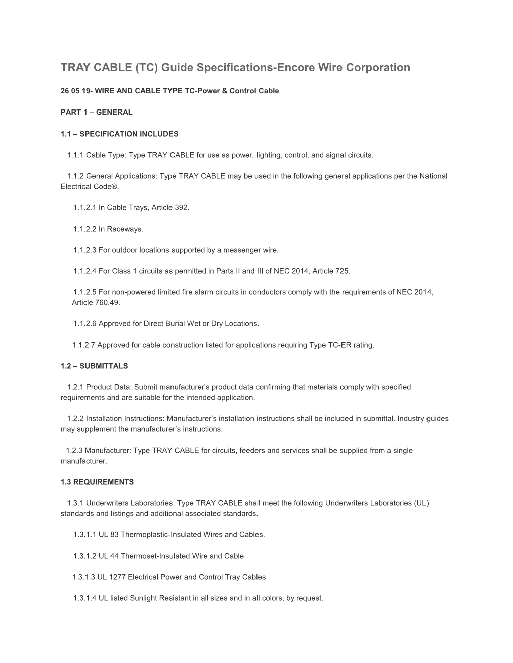 TRAY CABLE (TC) Guide Specifications-Encore Wire Corporation