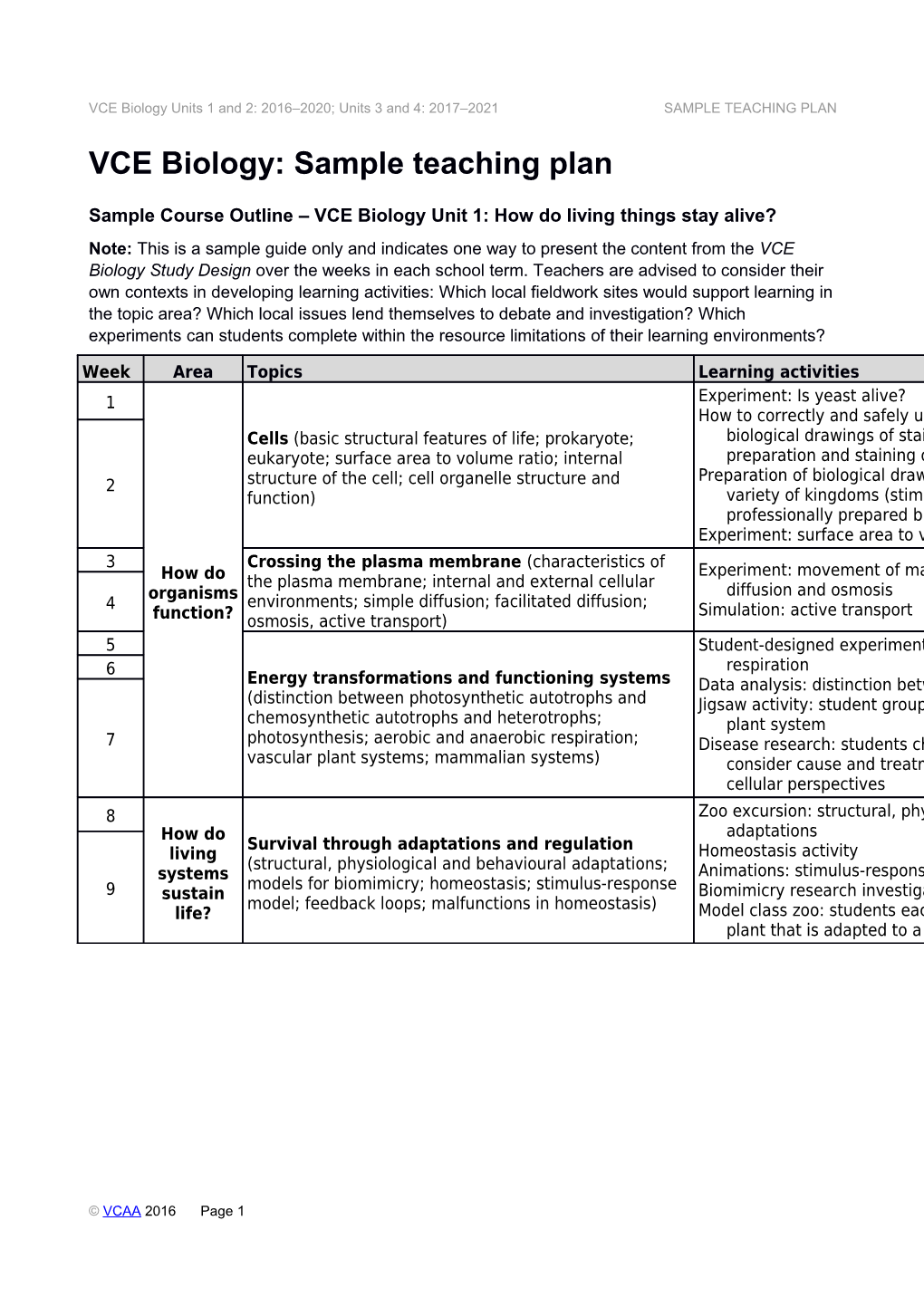 VCE Biology: Sample Teaching Plan