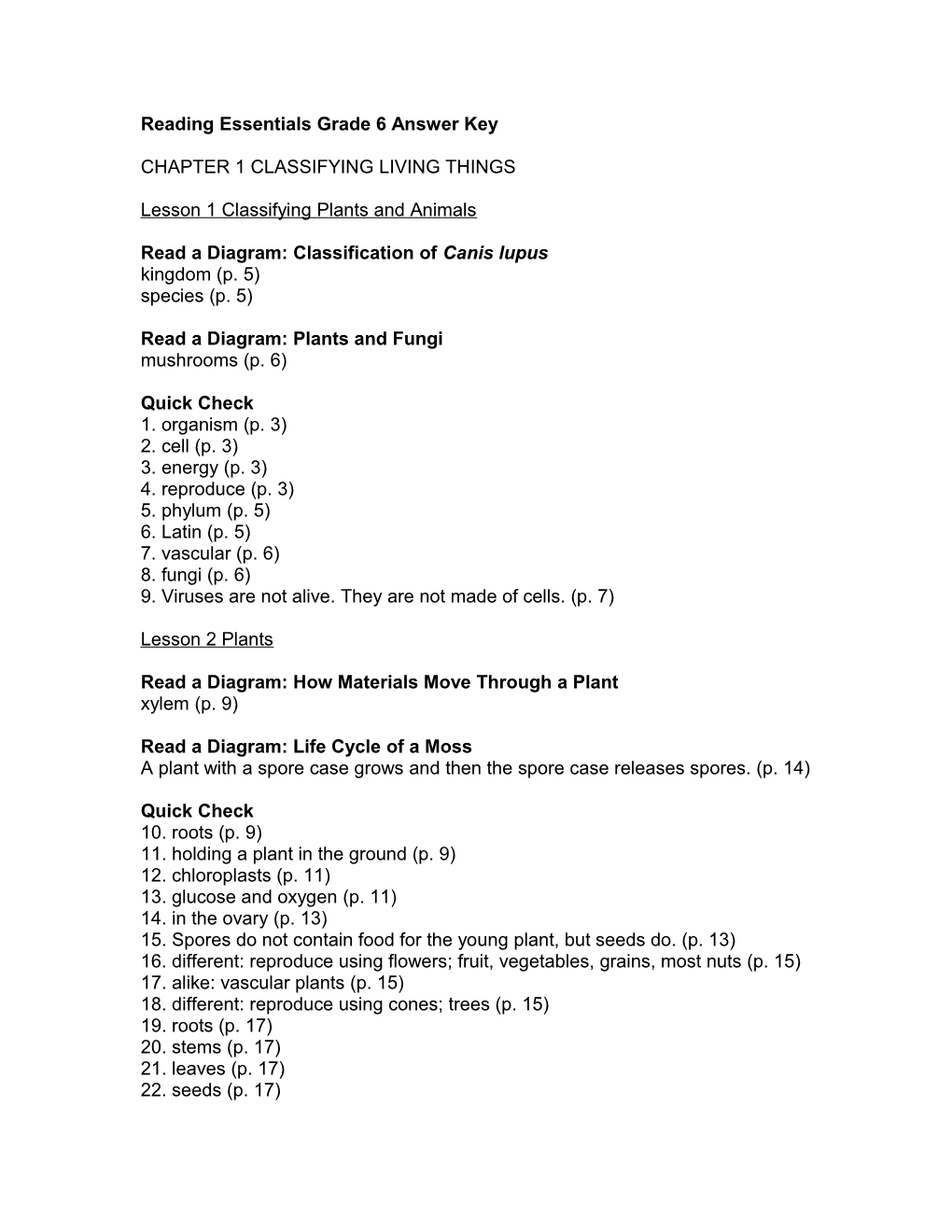 Reading Essentials Grade 6 Answer Key