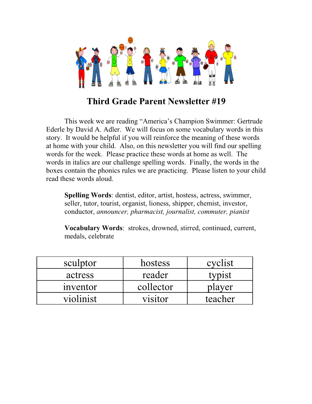 Third Grade Parent Newsletter #19