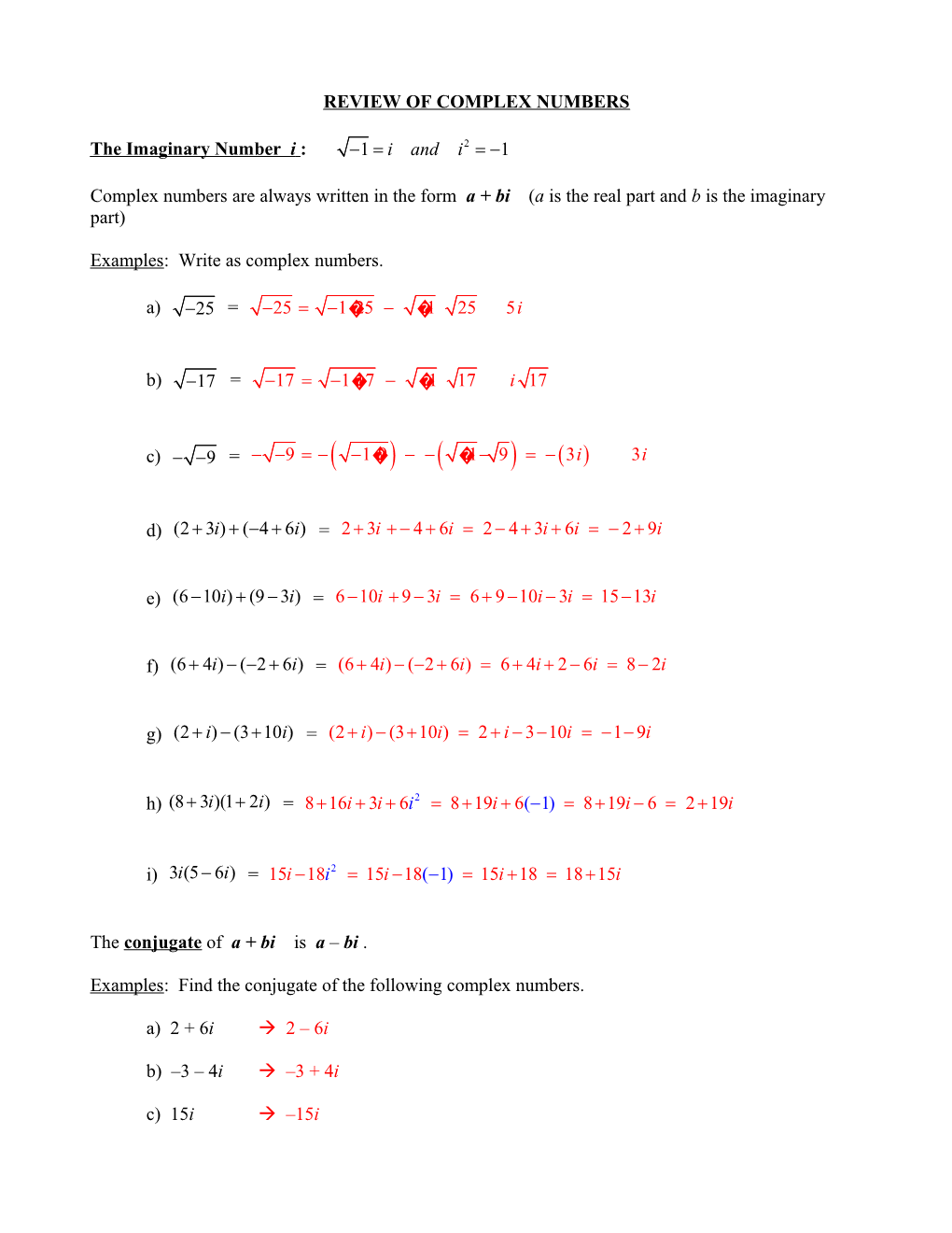 Review of Complex Numbers