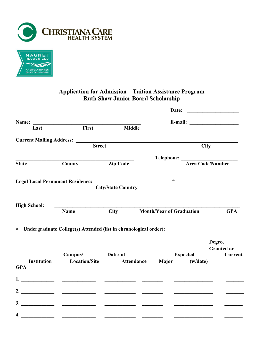 Application for Admission Tuition Assistance Program