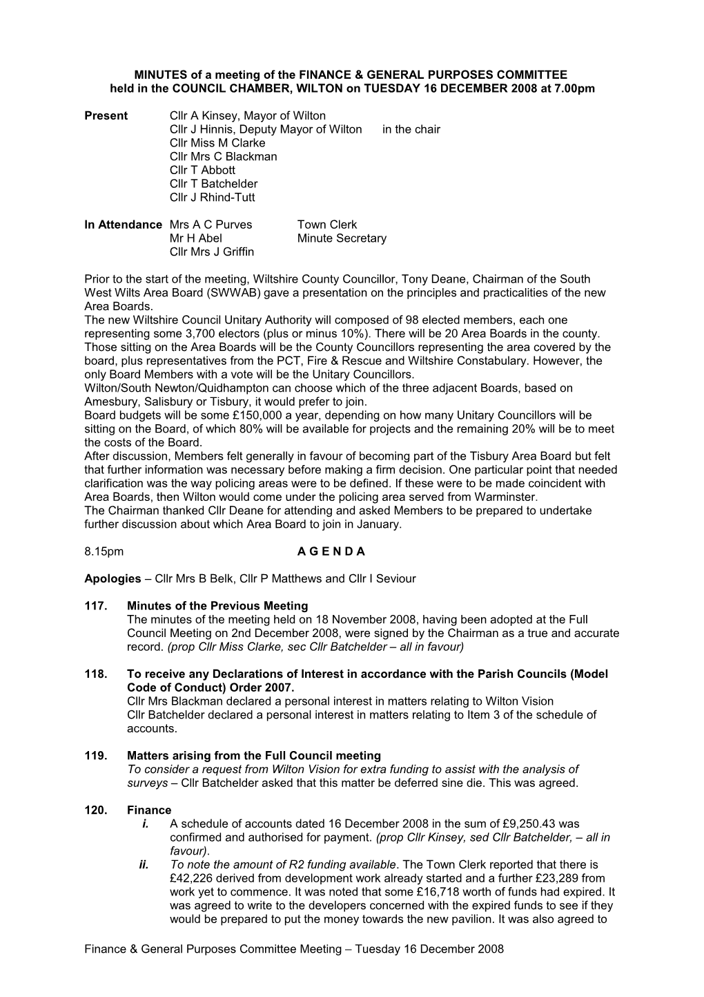 MINUTES of a Meeting of WILTON TOWN COUNCIL Held in the COUNCIL CHAMBERS, KINGSBURY SQUARE s1