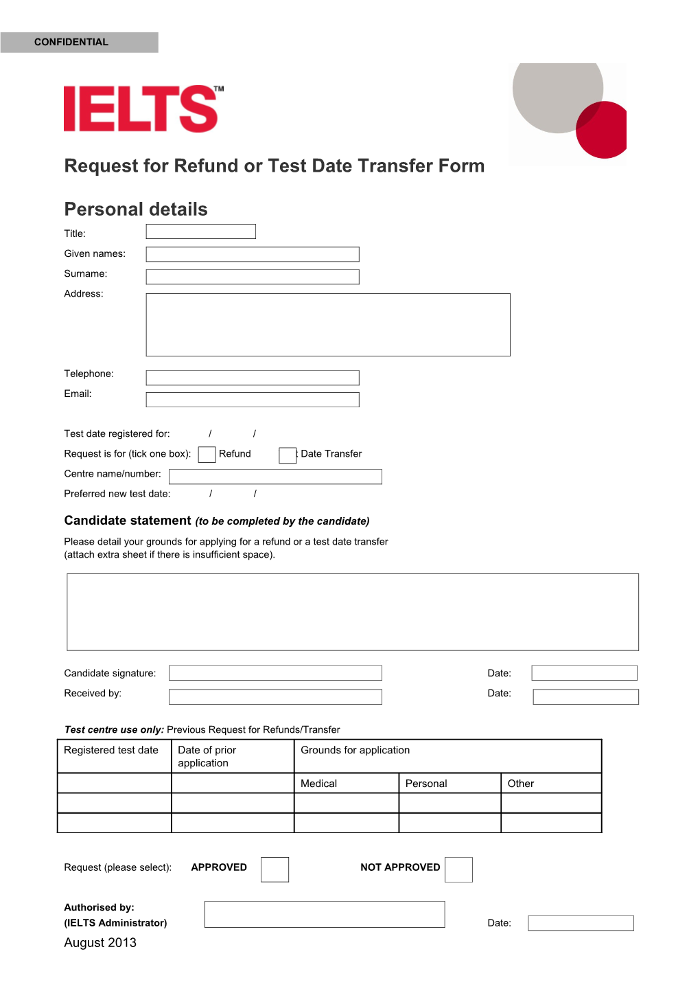 Request for Refund Or Test Date Transfer Form