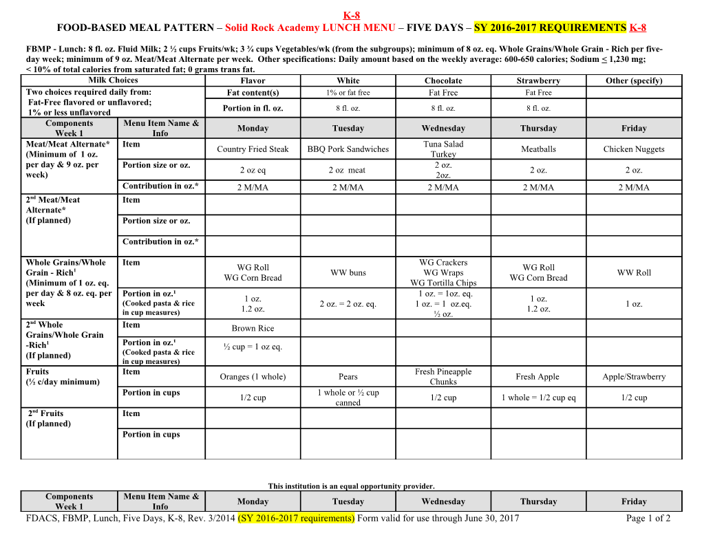 Traditional Breakfast Meal Pattern ( 5 Day) s2