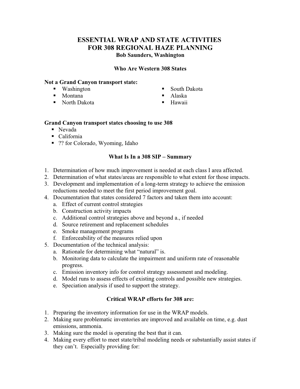 Assumptions for Reg Haze Westar Estimates