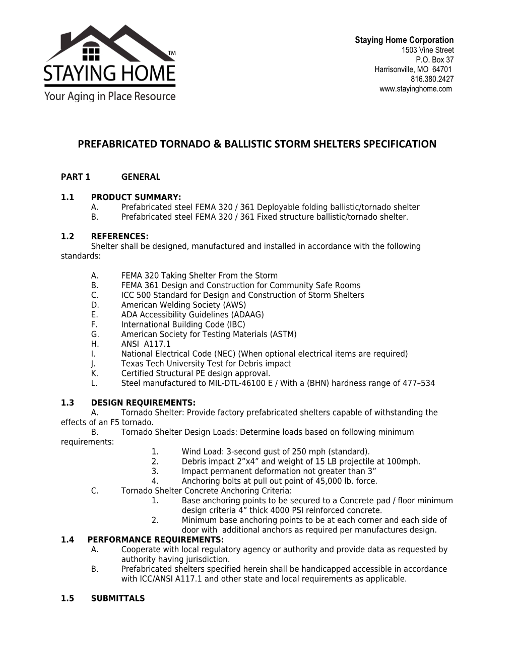 Prefabricated Tornado & Ballistic Storm Shelters Specification