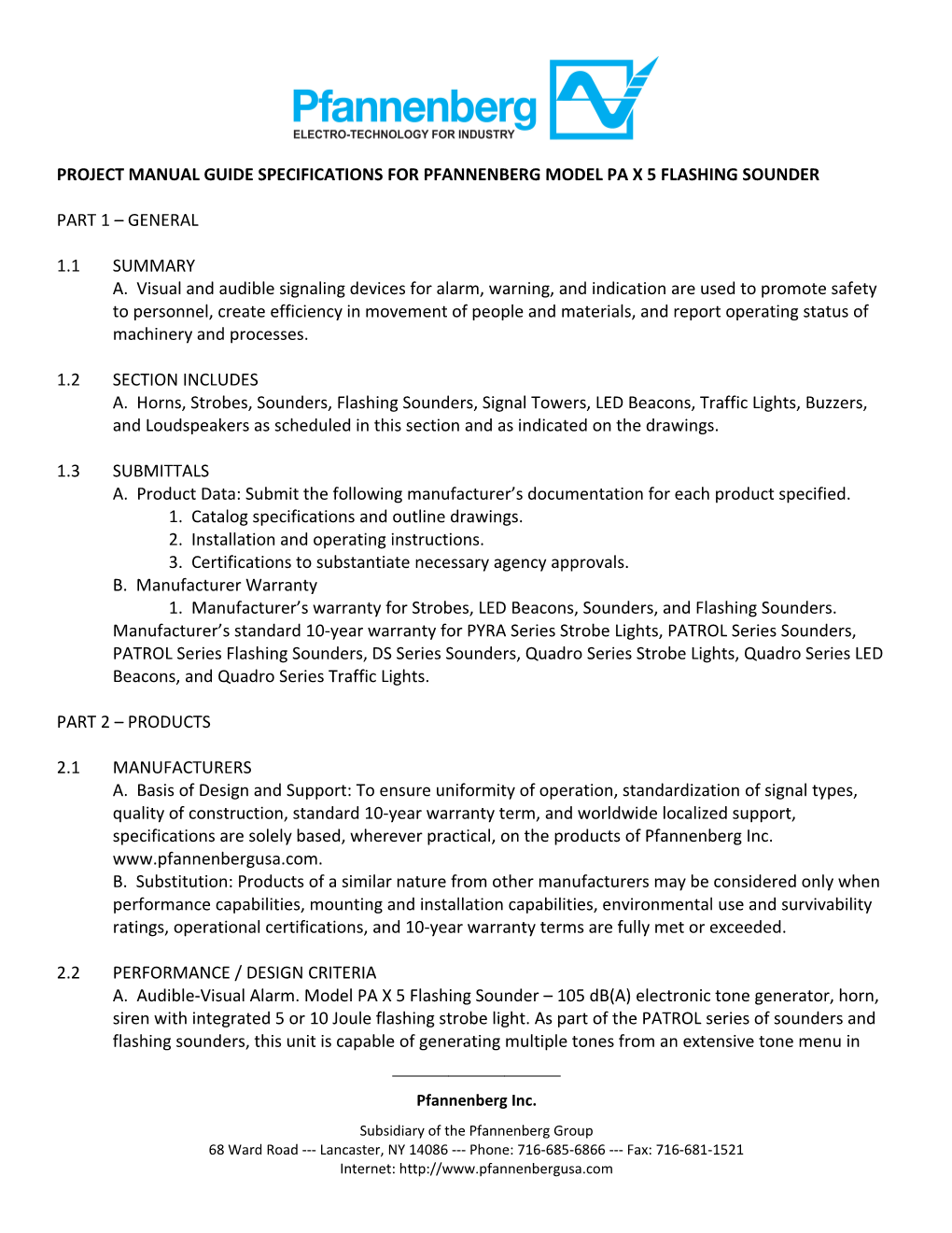 Project Manual Guide Specifications for Pfannenberg Model Pa X 5 Flashing Sounder