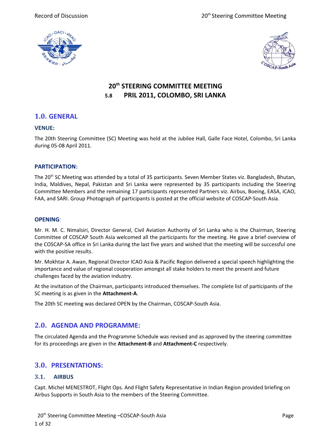 Record of Discussion 20Th Steering Committee Meeting