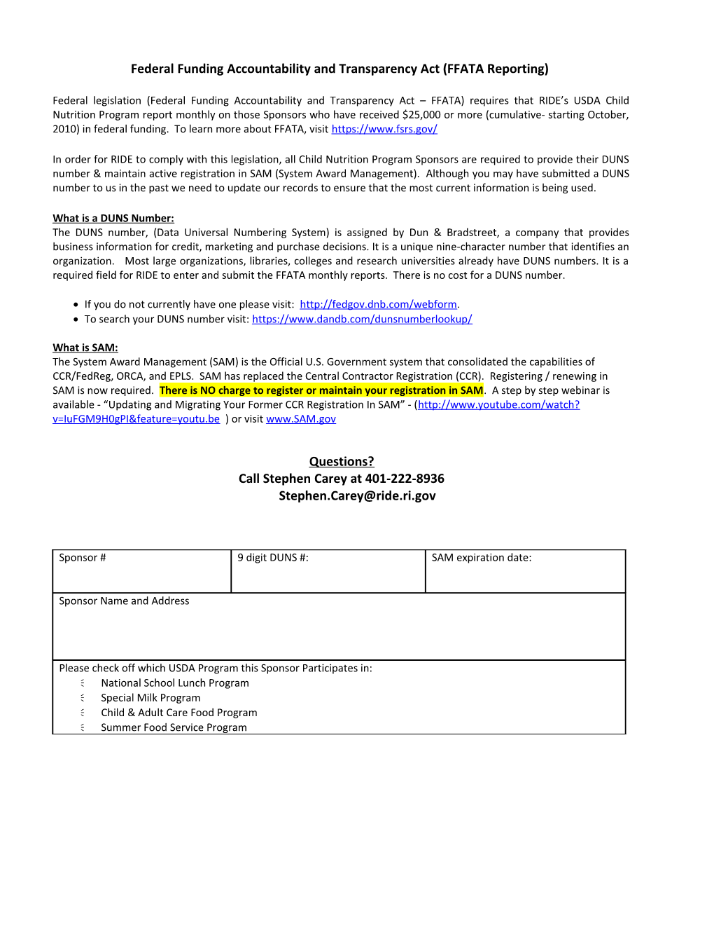 Federal Funding Accountability and Transparency Act (FFATA Reporting)