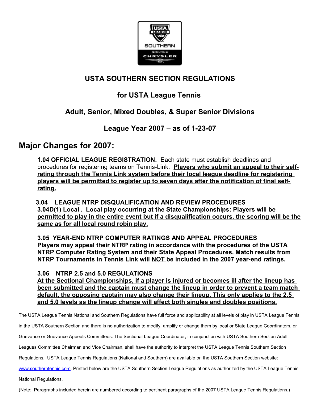 2001 Southern Section Regulations
