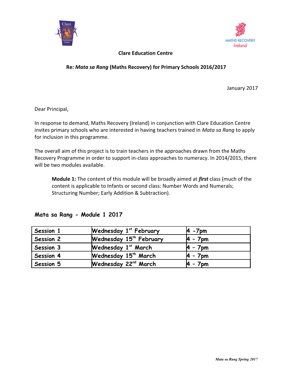 Re: Mata Sa Rang (Maths Recovery) for Primary Schools 2016/2017