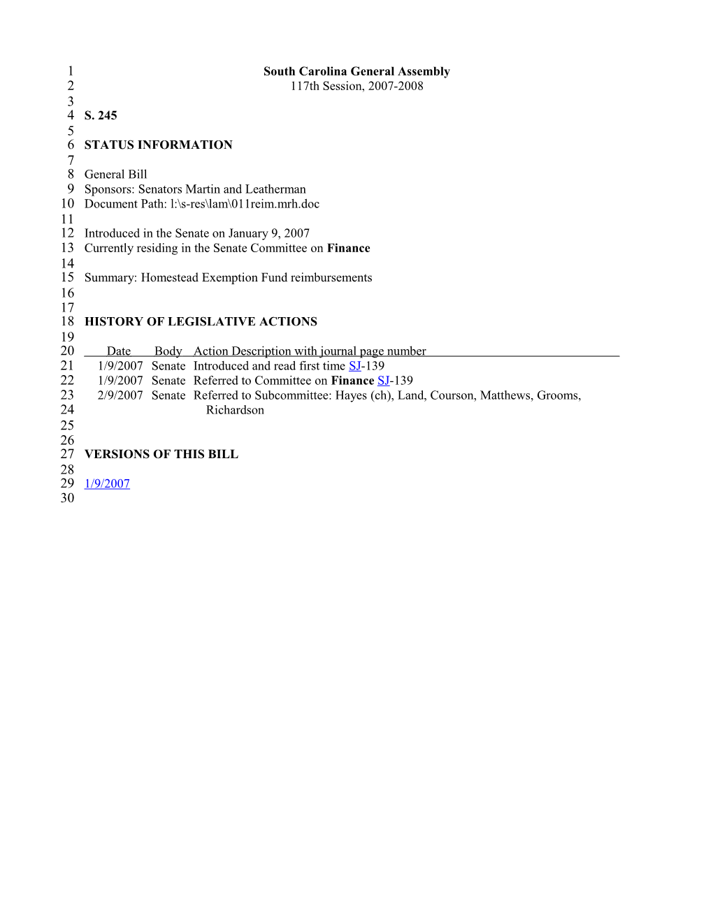 2007-2008 Bill 245: Homestead Exemption Fund Reimbursements - South Carolina Legislature Online