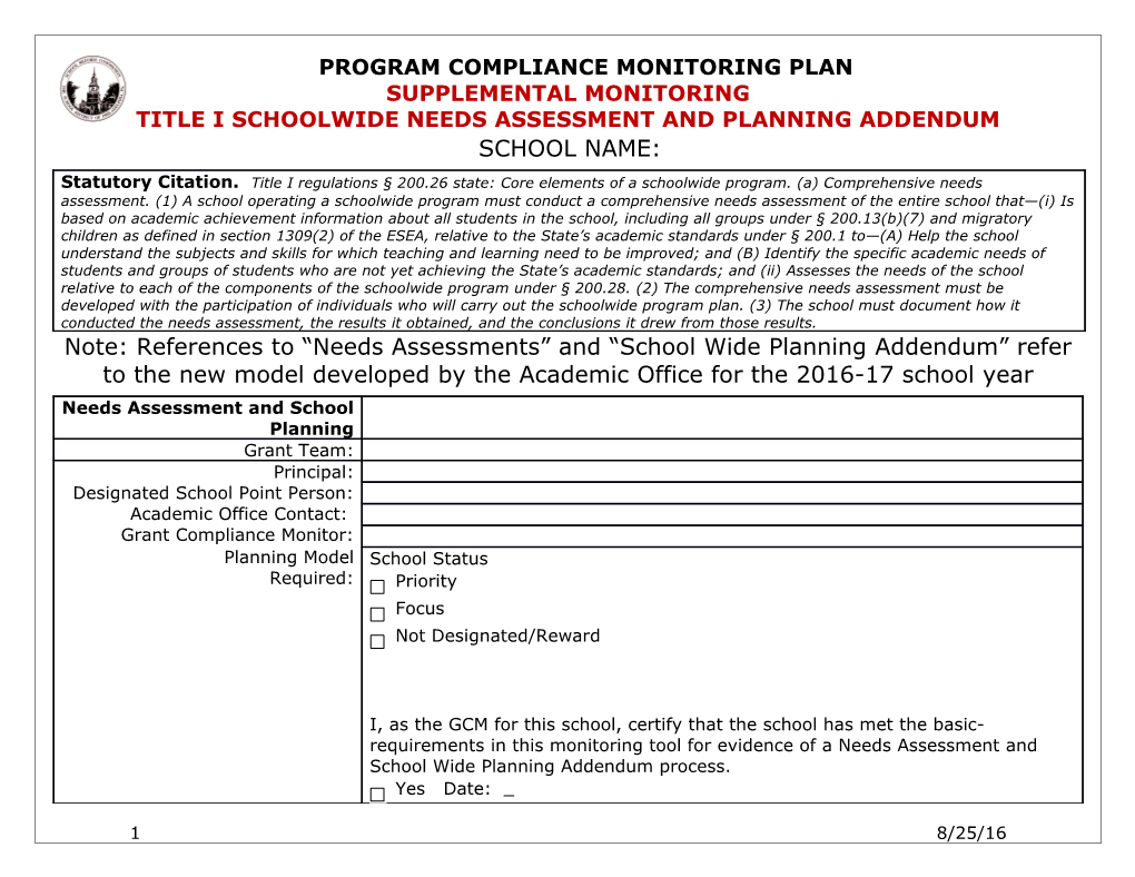 Title I Schoolwide Needs Assessment and Planning Addendum