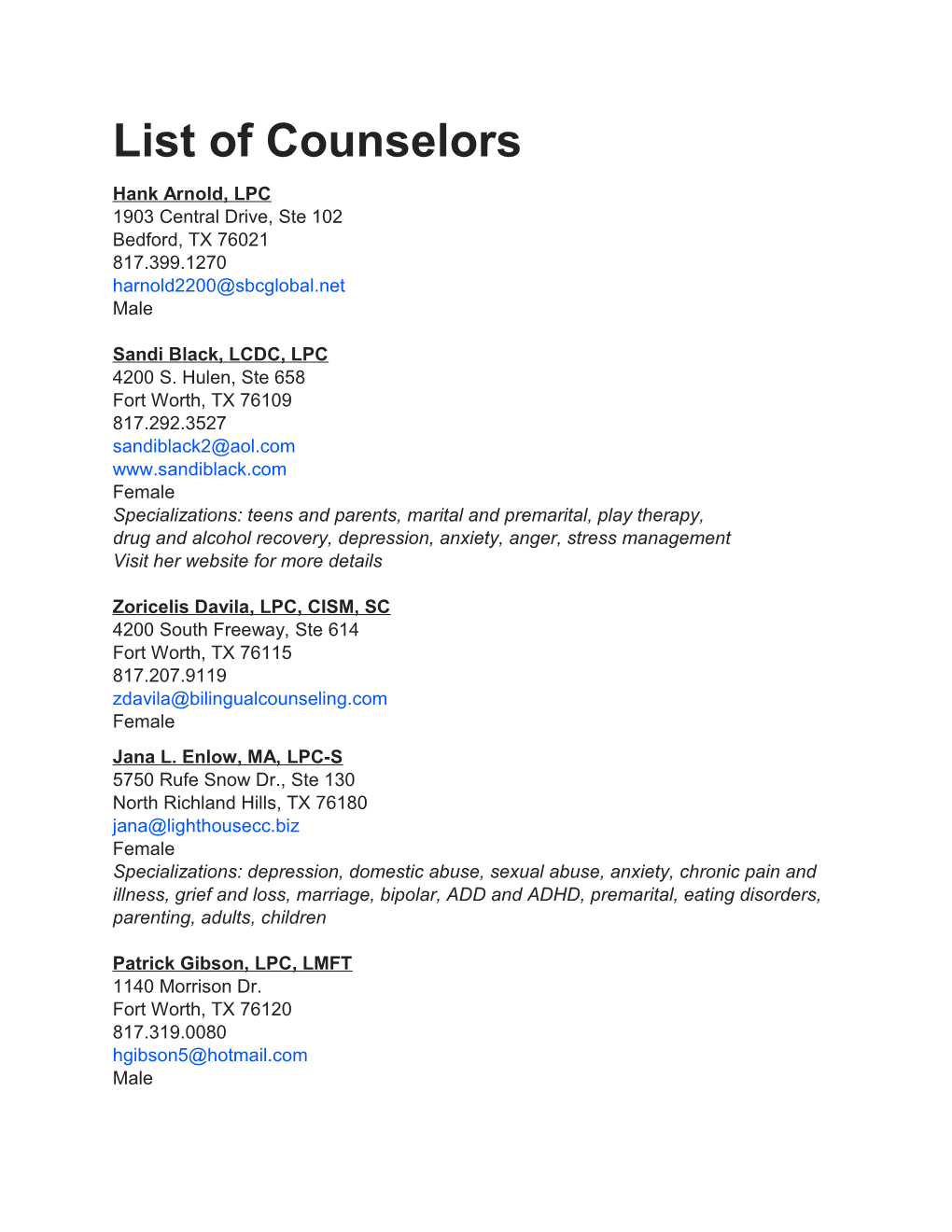 List of Counselors
