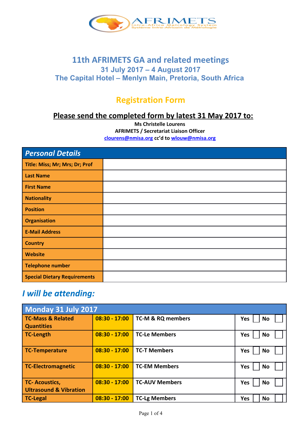 JCRB / AFRIMETS Meetings Tentative Programme