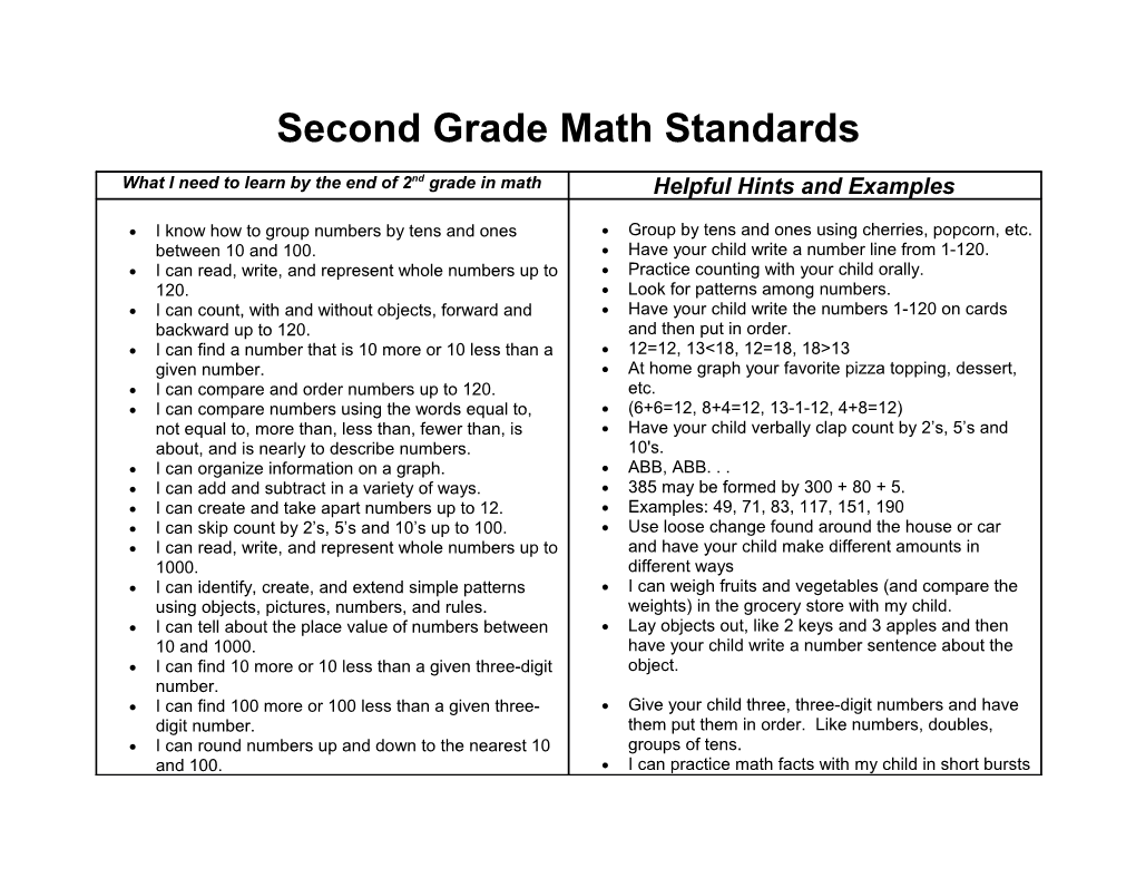 Second Grade Math Standards