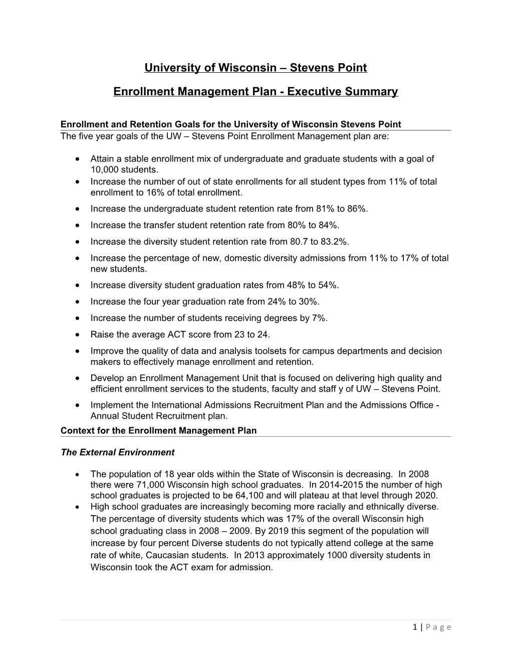 UW - Stevens Point Enrollment Management Plan, Executive Summary