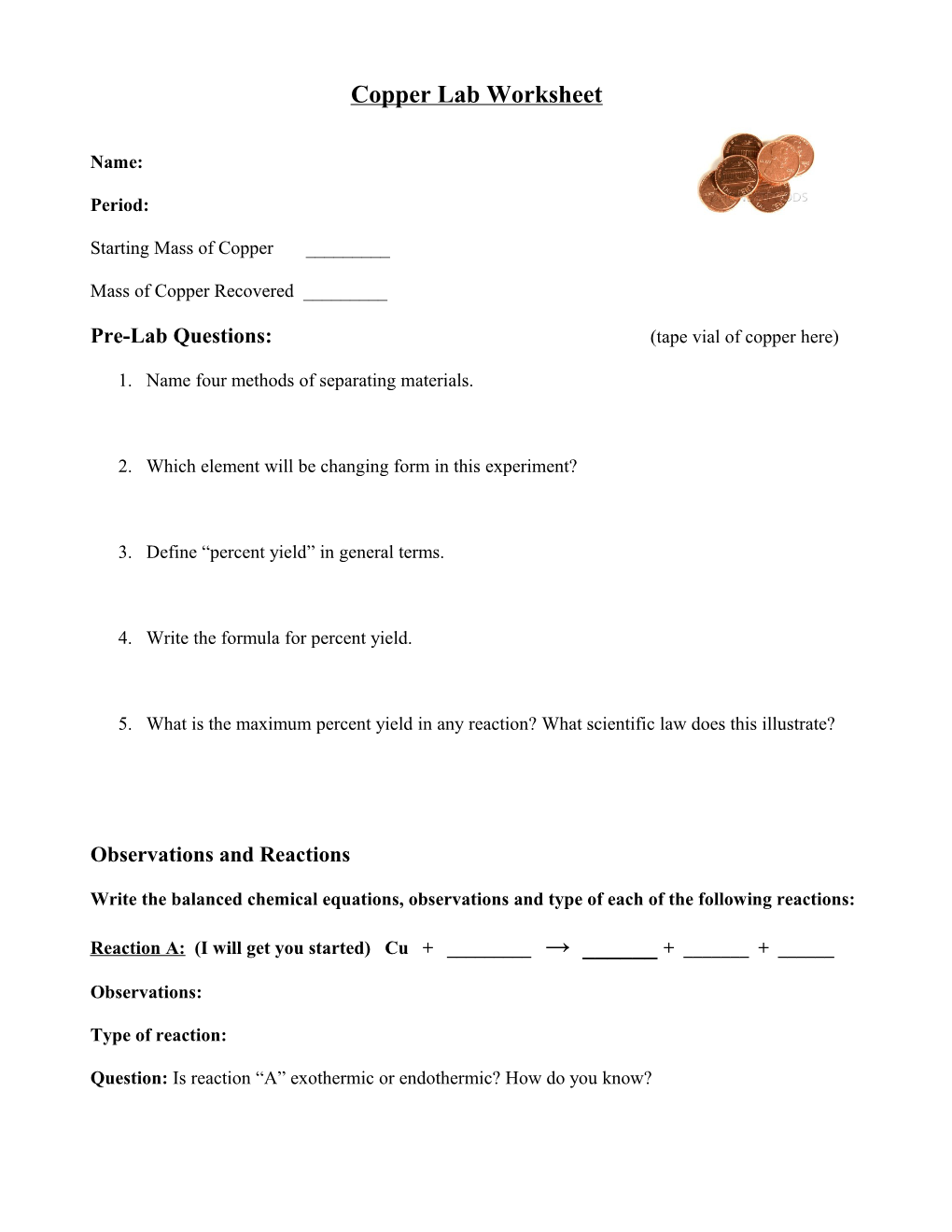 Copper Lab Worksheet