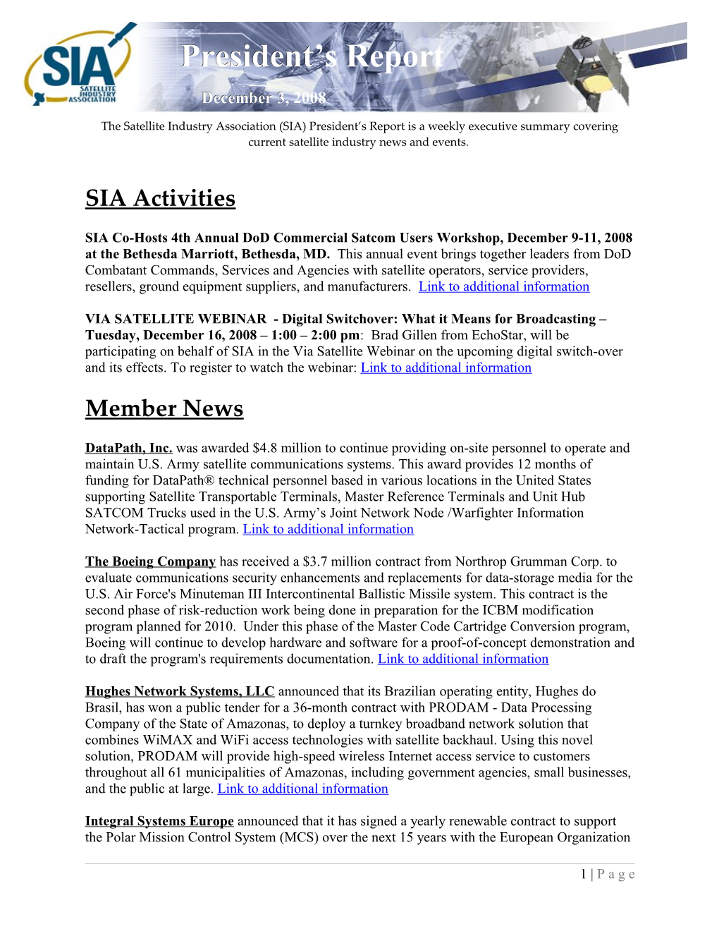 The Satellite Industry Association (SIA) President S Report Is a Weekly Executive Summary