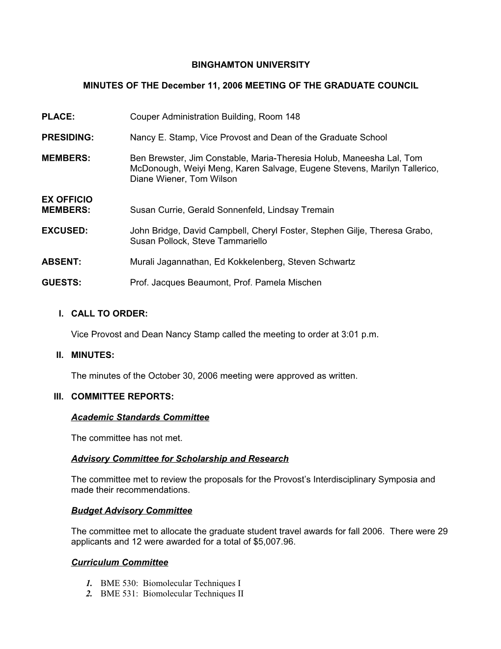 MINUTES of the December 11, 2006 MEETING of the GRADUATE COUNCIL
