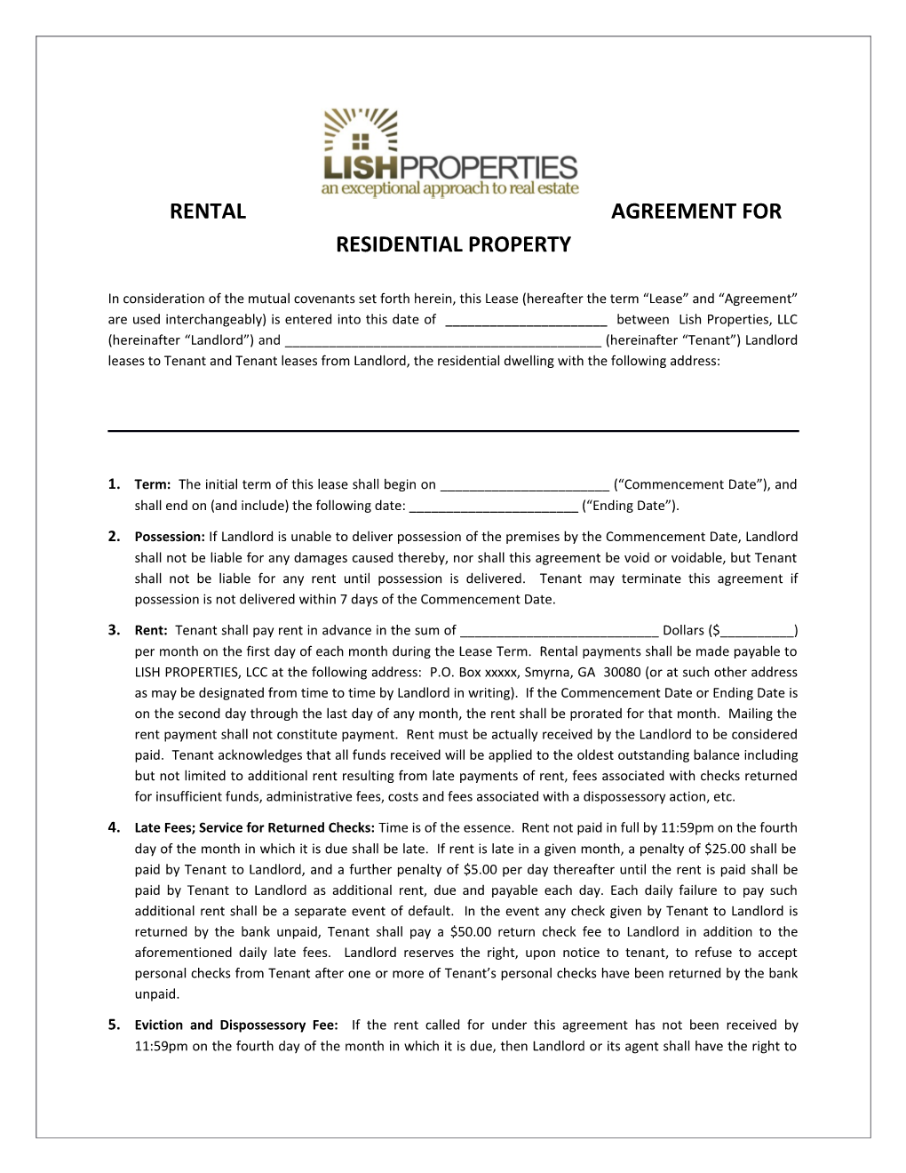 Rental Agreement for Residential Property