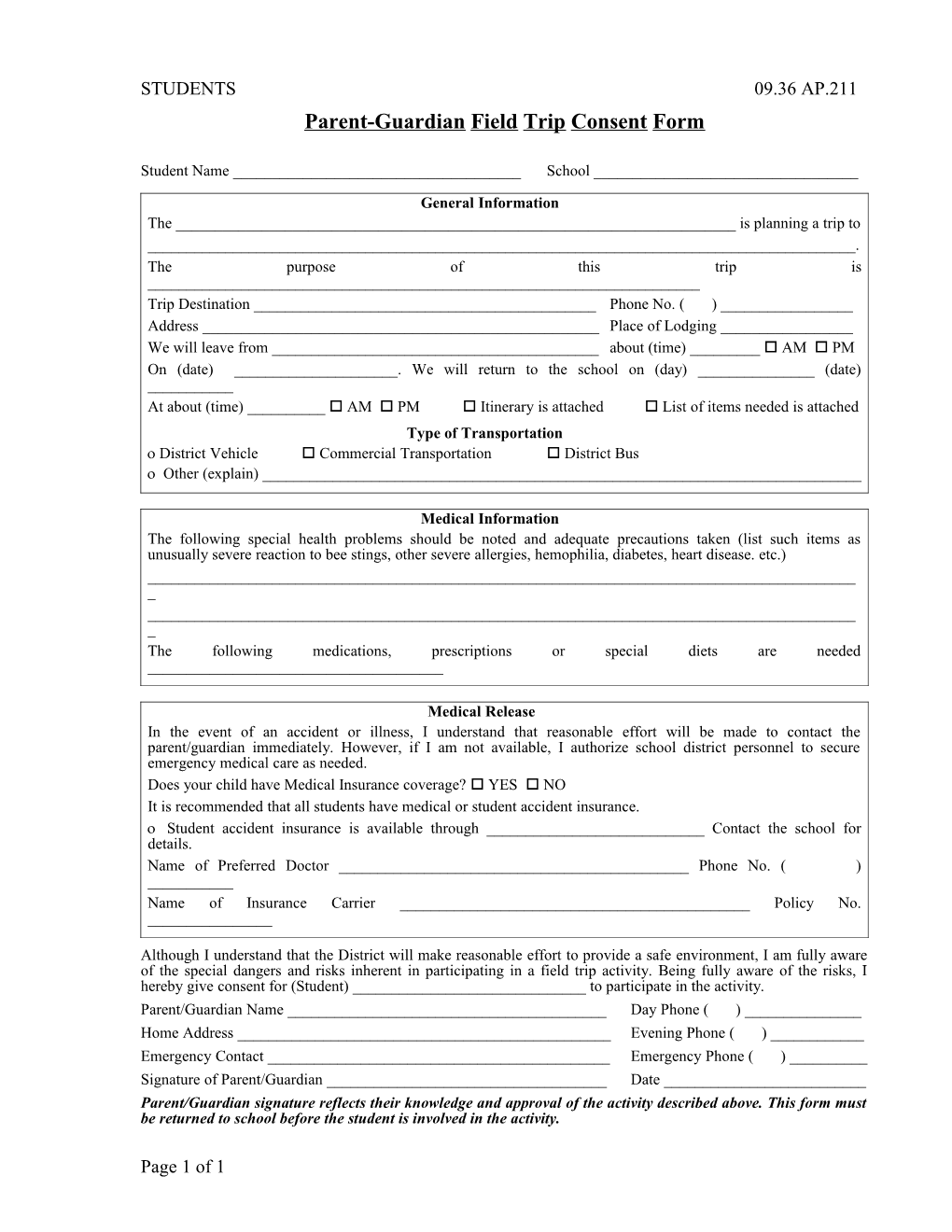 Parent-Guardian Field Trip Consent Form