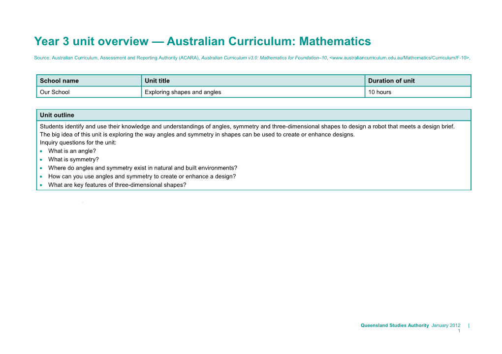 Year 3 Unit Overview Australian Curriculum: Mathematics