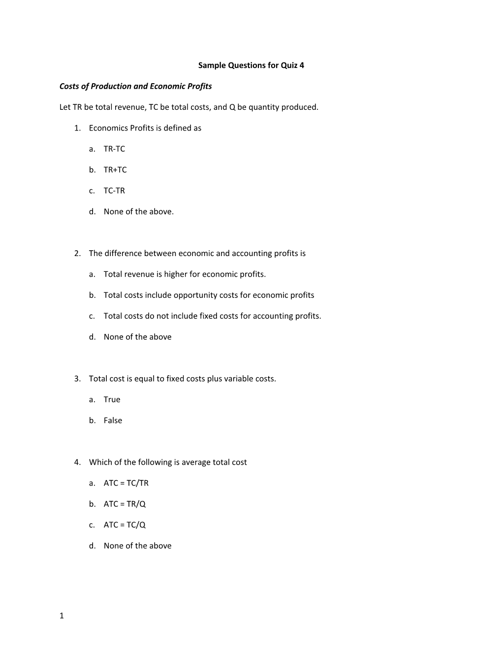 Sample Questions for Quiz 4
