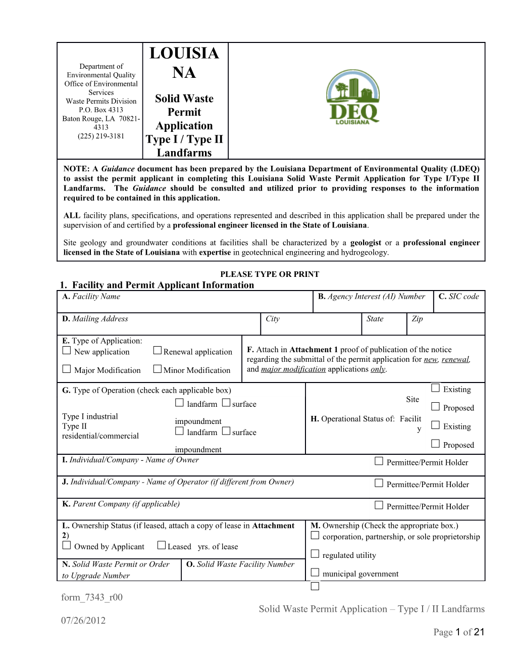 Department of Environmental Quality Office of Environmental Services Waste Permits Division