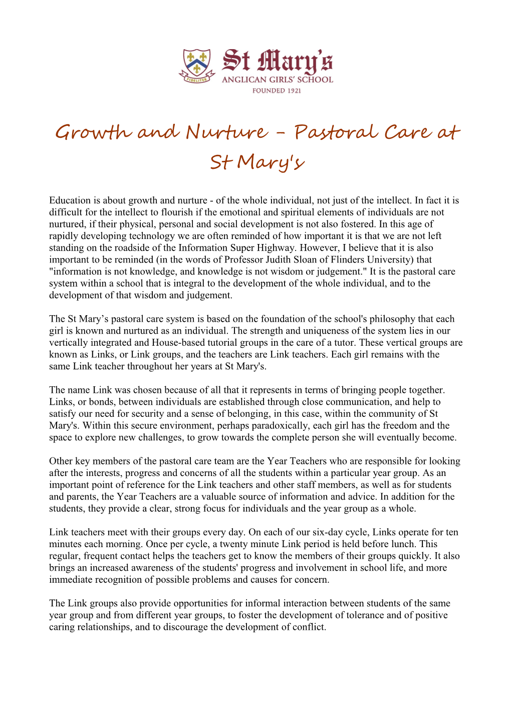 Growth and Nurture - Pastoral Care at St Mary's