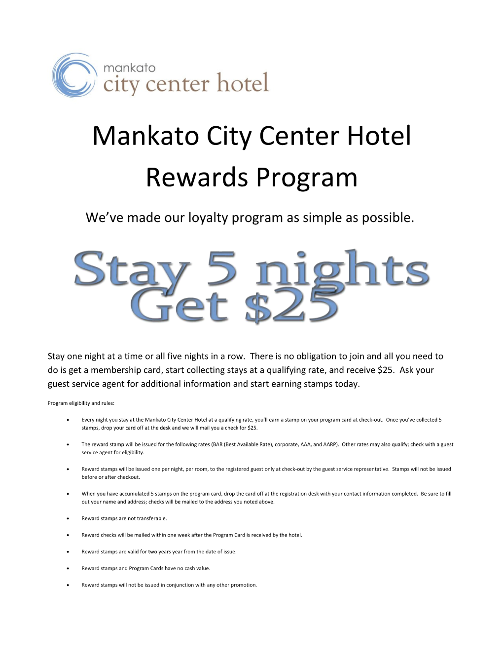 Mankato City Center Hotel Rewards Program
