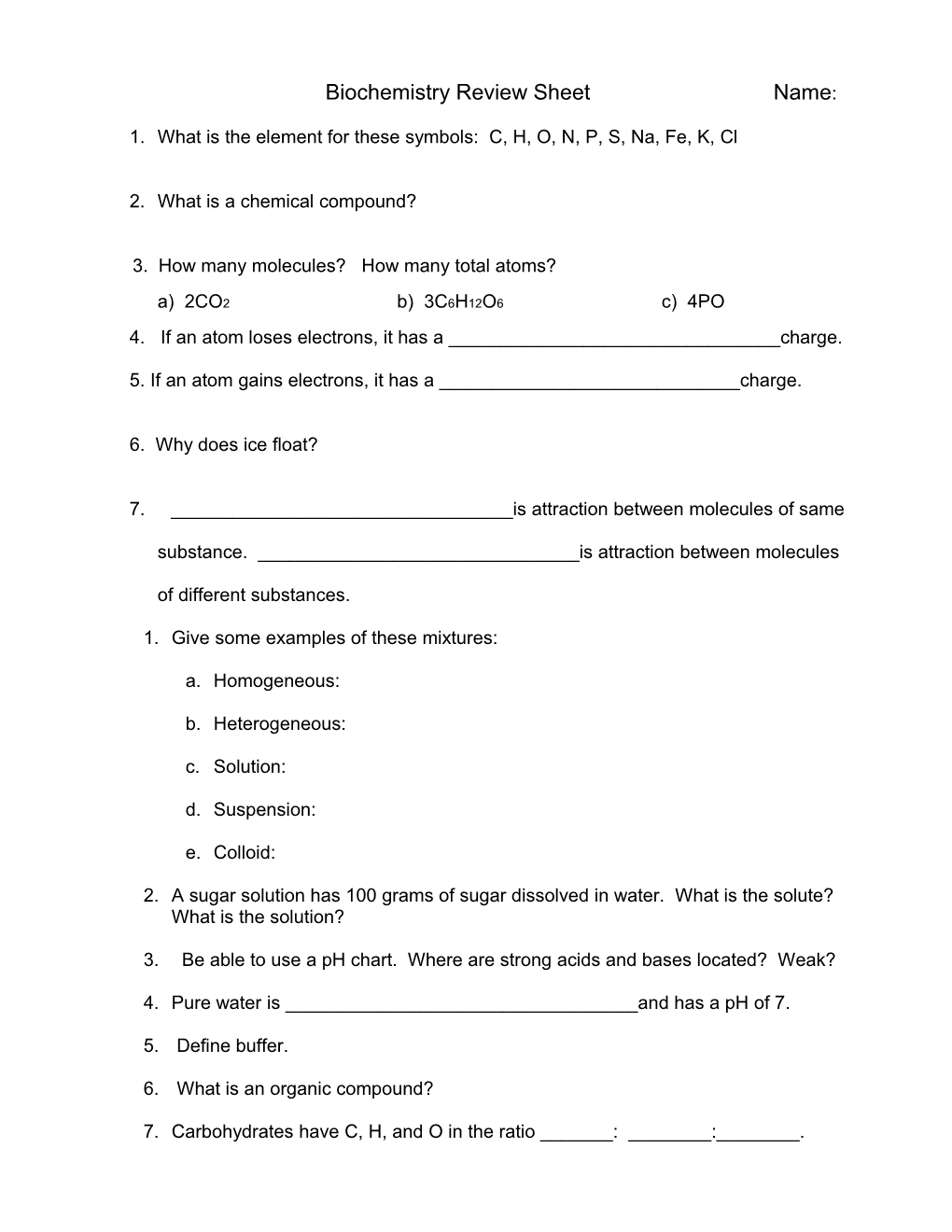 Biochemistry Review Sheet