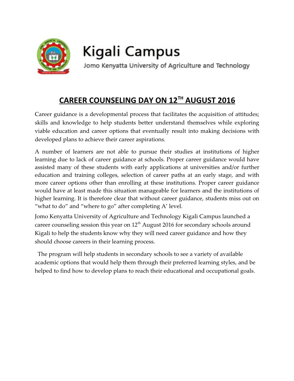 Career Counseling Day on 12Th August 2016