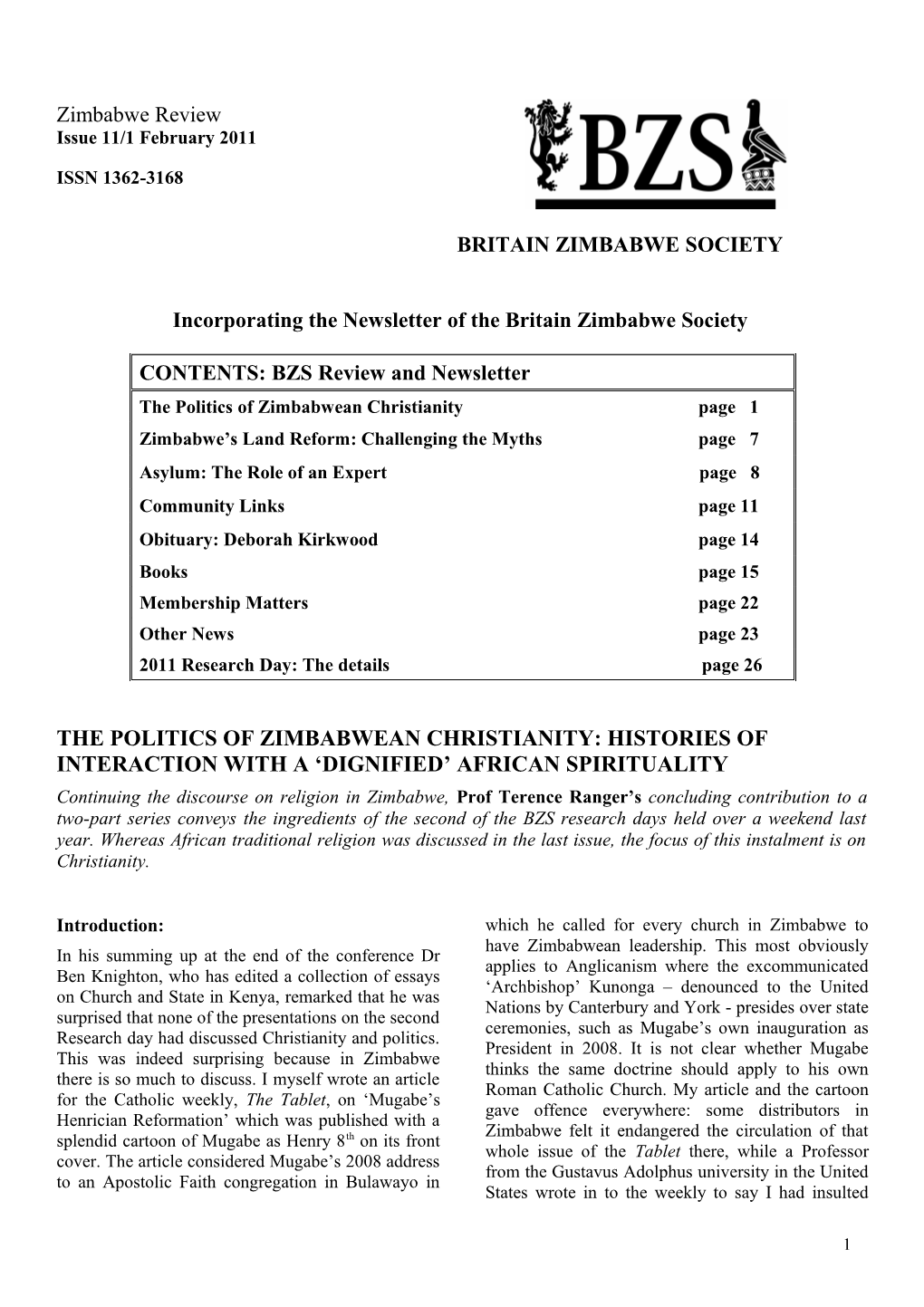 Incorporating the Newsletter of the Britain Zimbabwe Society