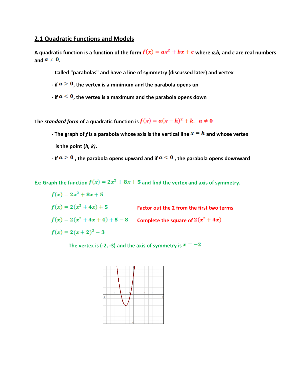 2.1 Quadratic Functions and Models