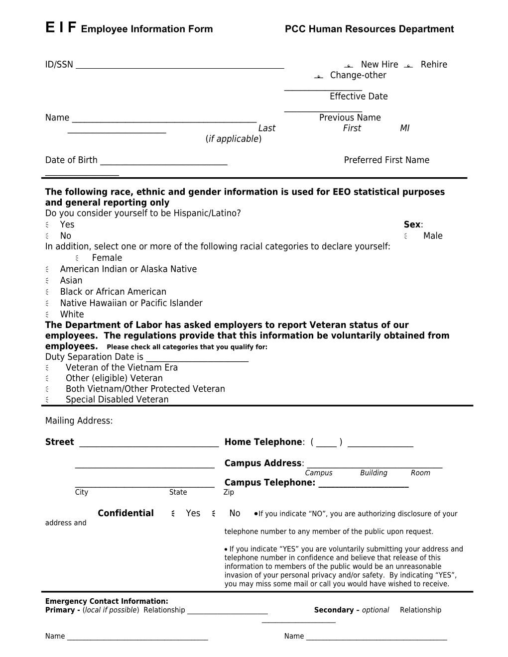 E I F Employee Information Form PCC Human Resources Department